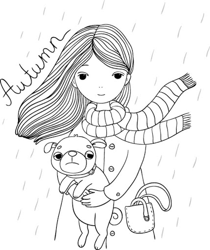 الگوی گلدوزی ساک دستی دختر و سگش زیر باران پاییزی