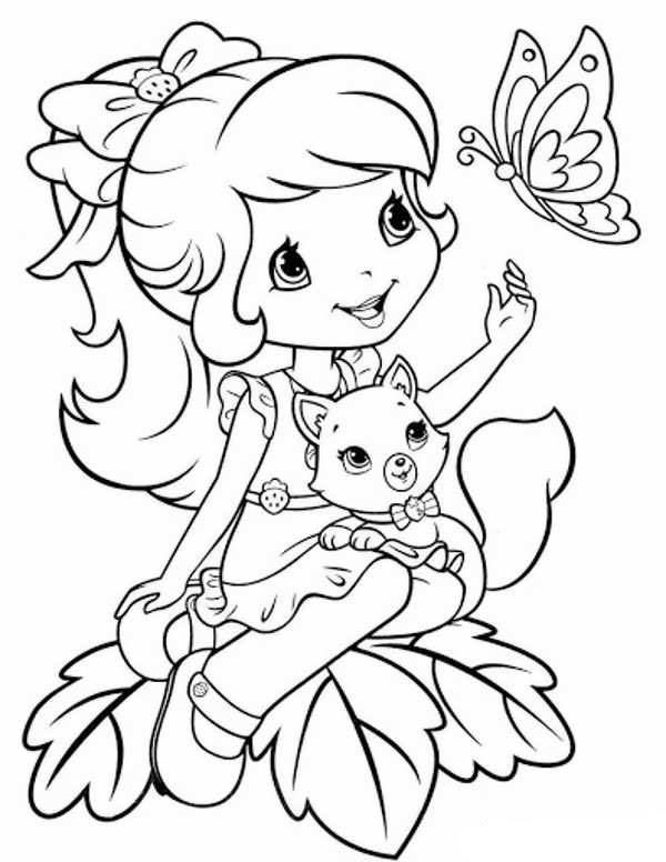 الگوی گلدوزی ساک دستی دختر نشسته روی برگ با گربه و پروانه