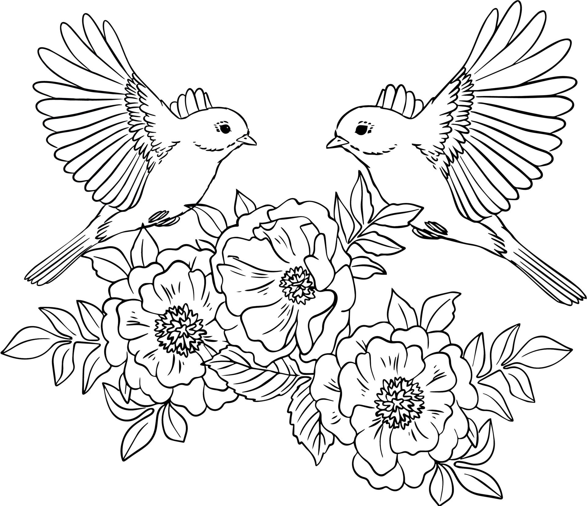 طرح خام گلدوزی دو پرنده روی گل ها