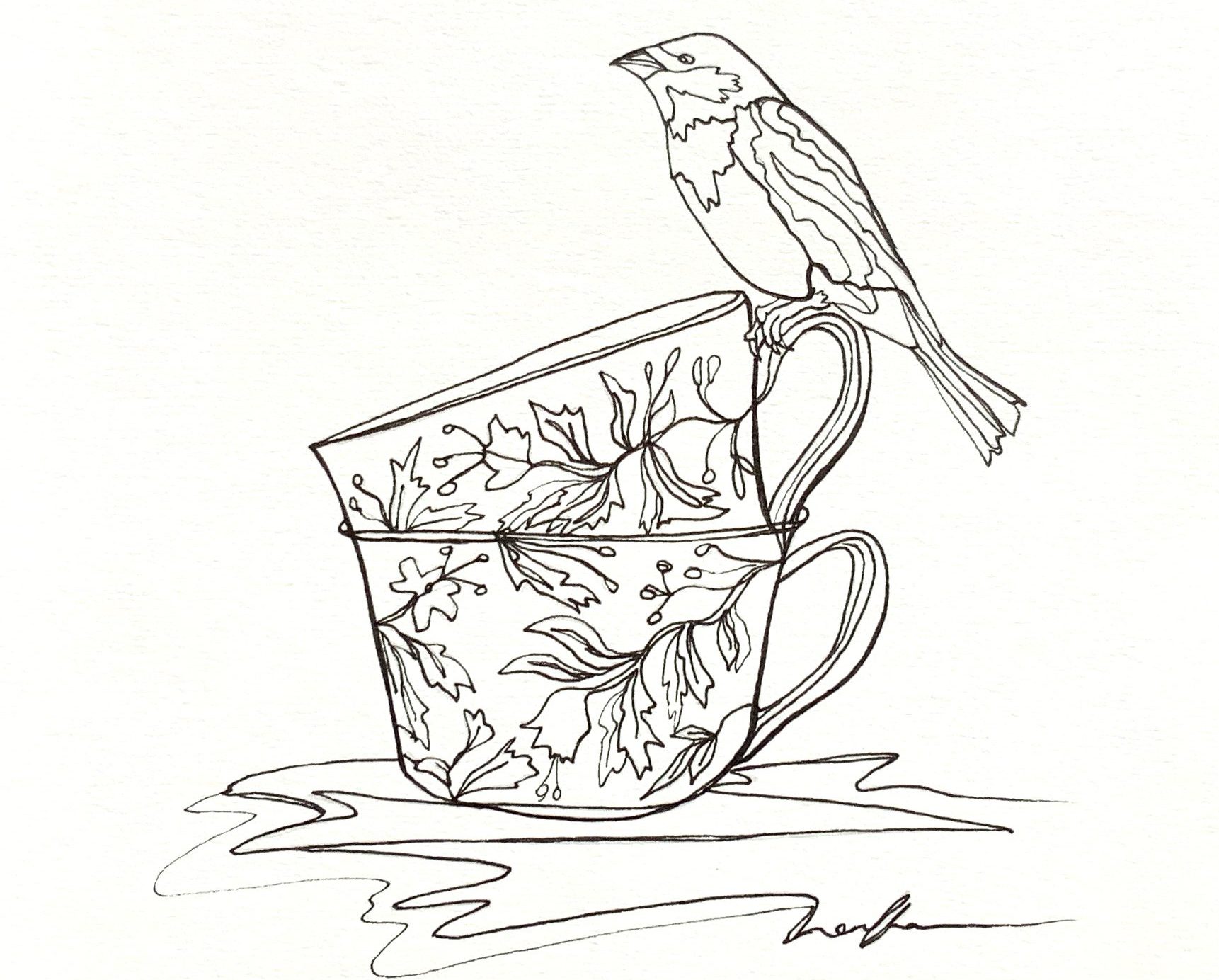 طرح خام گلدوزی پرنده روی فنجان