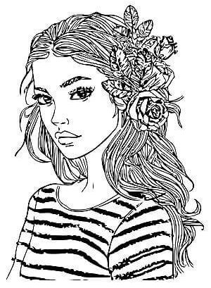 طرح خام گلدوزی دخترانه فانتزی دختر و موی تزئین شده اش با گل